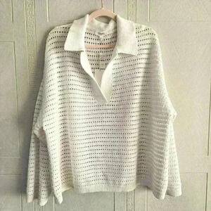 Haven Well Within White Organic Cotton Crochet Cropped Polo Sweater Size…